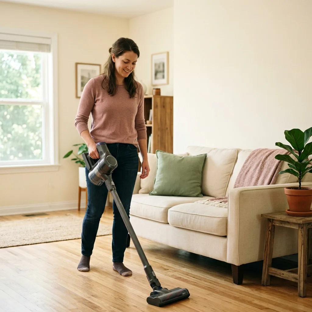 Woman using a cordless vacuum in a bright, modern living room